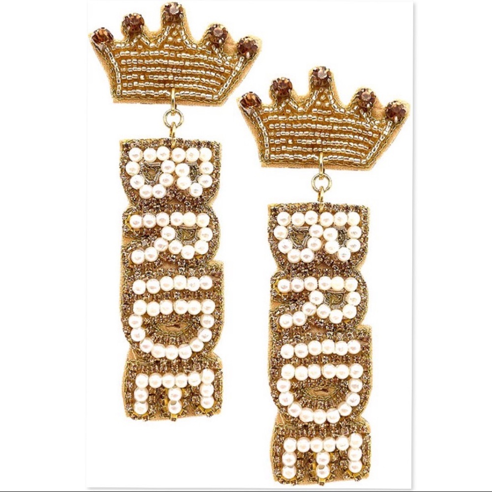 BRIDE CROWN SEED BEADS METAL BEADS PEARL EARRING